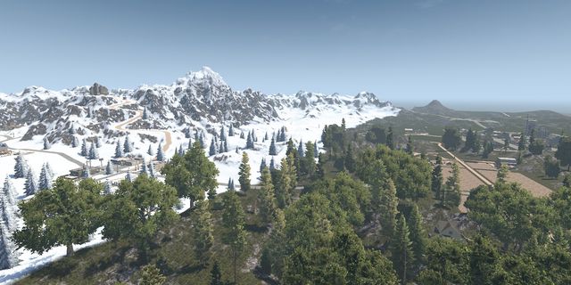 A scenic landscape with snowy mountains in the background, green forests, and a winding road under a clear blue sky.