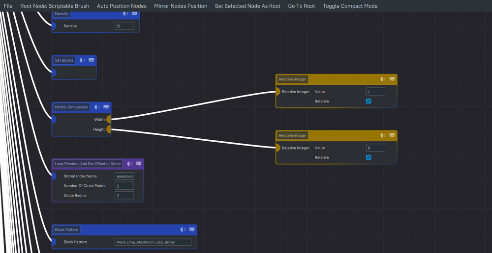 Source: Hytale Creative Mode - Node-based editor: blue blocks (Set Blocks, Modify Dimensions), yellow Relative Integer nodes, purple Loop, white wires on a dark grid.