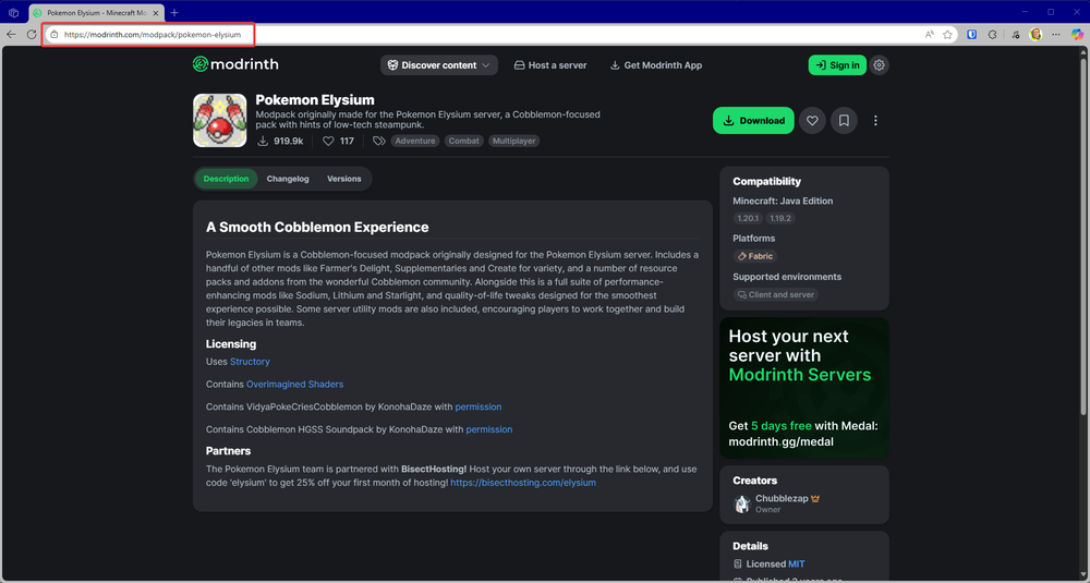 Screenshot of a Modrinth page for 