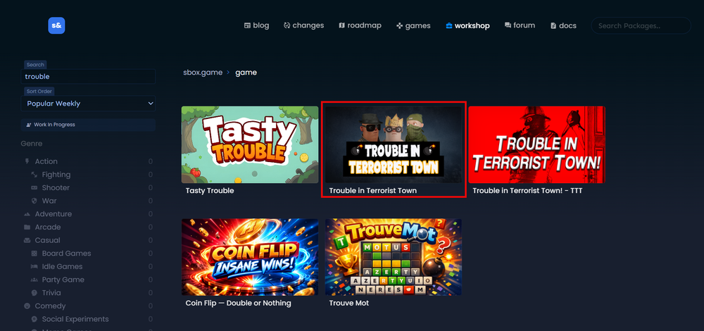 Dark themed game library page with card thumbnails; the “Trouble in Terrorist Town” card is outlined in red.