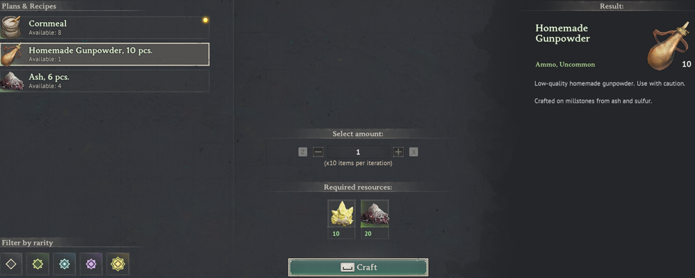 Windrose crafting menu showing Homemade Gunpowder selected with required sulfur and ash materials displayed.