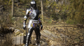 A medieval knight in shiny armor stands in a forest clearing, surrounded by trees and foliage, holding a sword at their side.