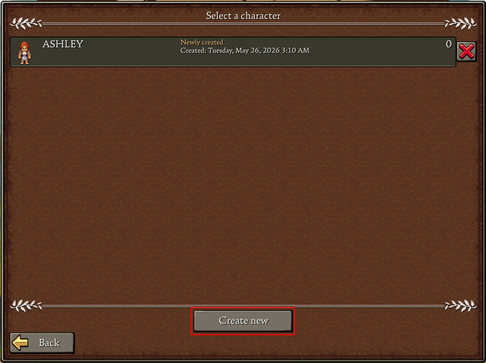 A player character selection menu in Romestead showing an available character slot named Ashley and a Create New button.