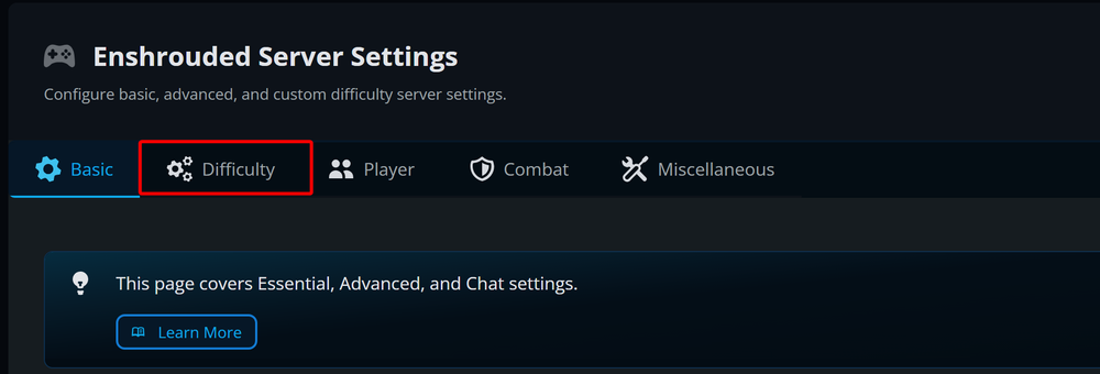 Enshrouded Server Settings screen with a dark UI and a tab bar showing Basic, Difficulty (selected), Player, Combat, and Miscellaneous; Learn More button.