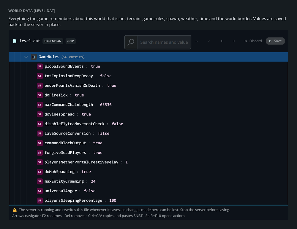 The level.dat editor on the Advanced tab with GameRules expanded, showing rules such as doFireTick and doMobSpawning.