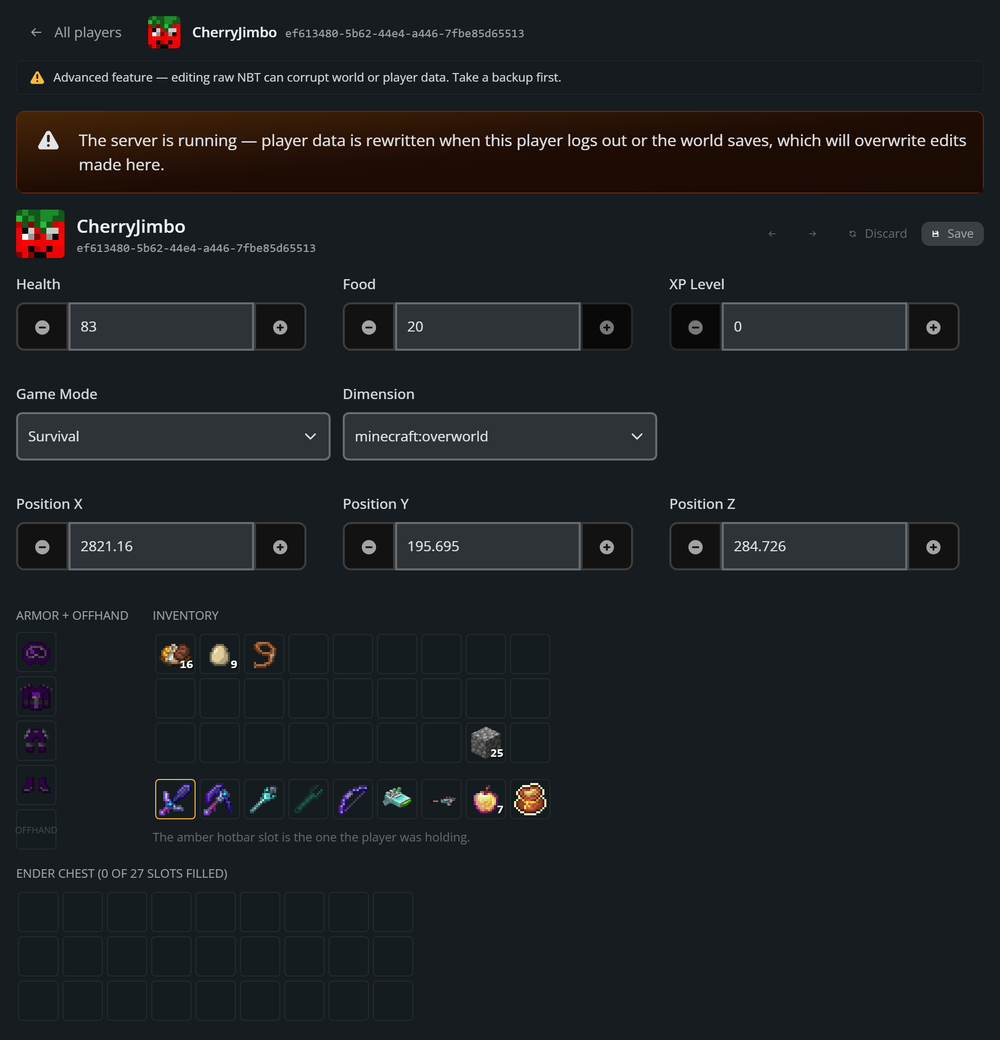 The player editor showing health, food, XP level, game mode, dimension and position, the armor slots, the inventory with the held hotbar slot highlighted, and the Ender Chest.