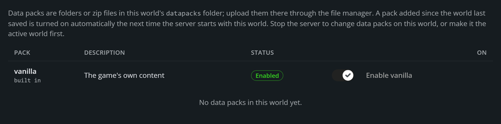 The Data packs tab listing the built-in vanilla pack as Enabled, with its On switch.