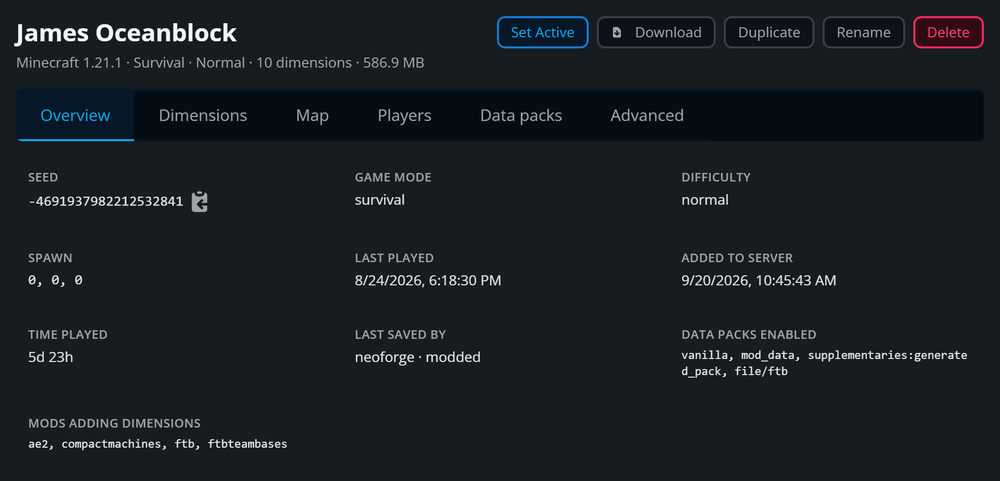 A world page showing its name, version, game mode, difficulty, dimension count and size, the six tabs, and the Overview tab with the seed, spawn, last played and time played.