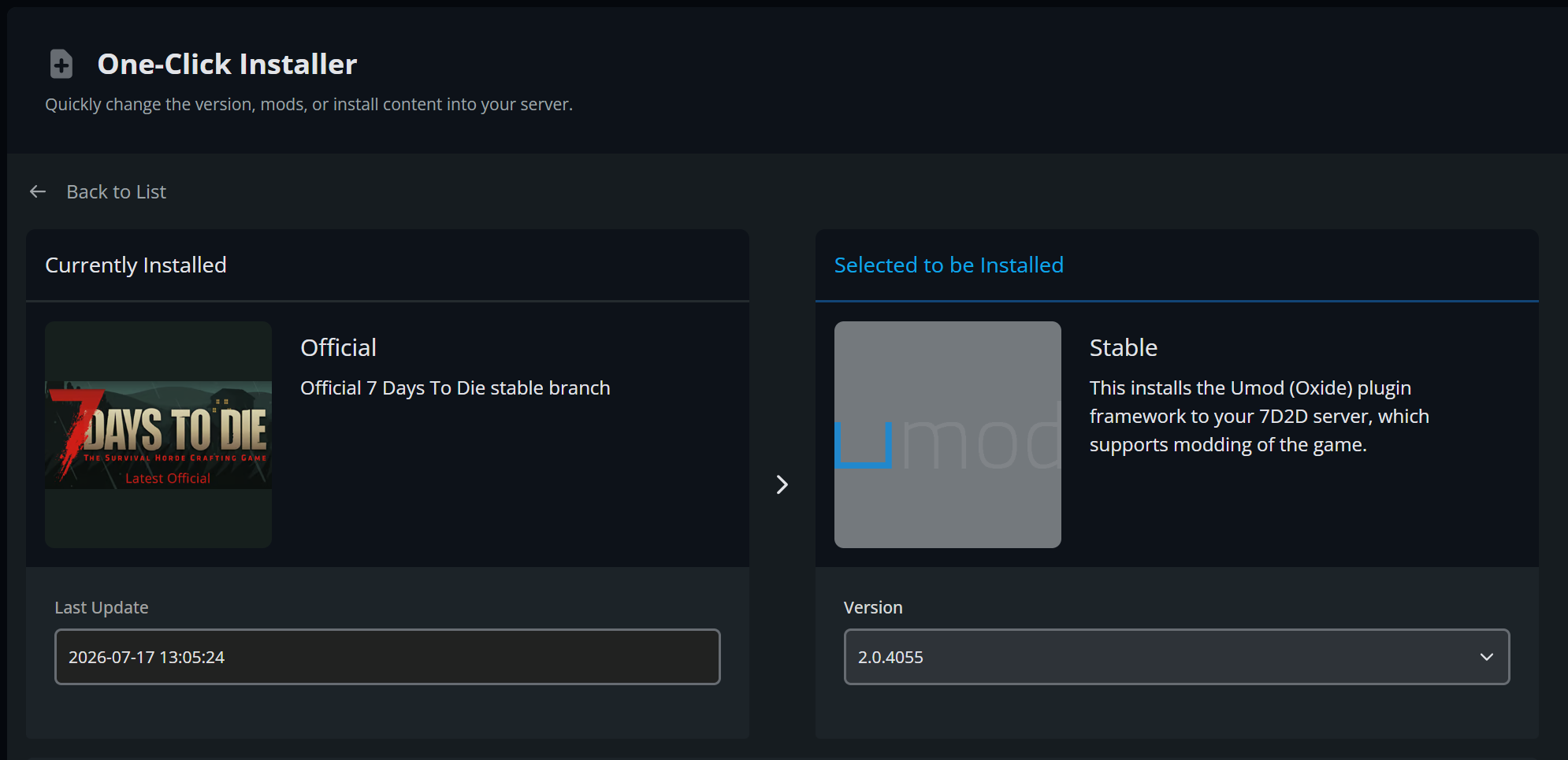 Nodecraft One-Click Installer menu showing the installation interface for the uMod (Oxide) plugin framework on a 7 Days to Die dedicated server.