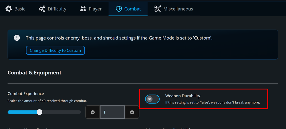 Dark game settings: Combat tab active, blue info banner for Custom mode and Change Difficulty to Custom; Weapon Durability toggle card.