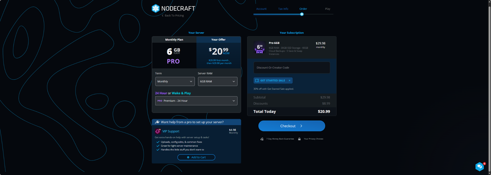 Dark Nodecraft pricing interface with plan cards, RAM options, and a checkout panel on the right.