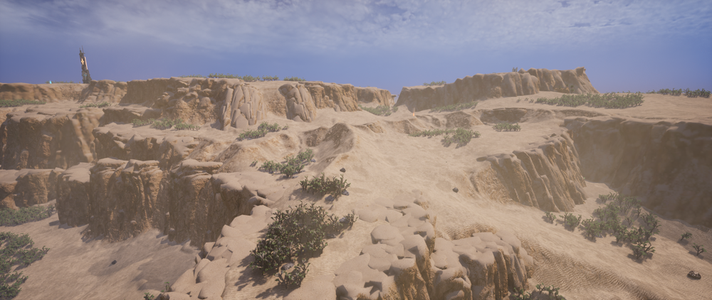 The Dessicated Desert biome in Palworld, showing rocky cliffs, sandy plateaus, sparse desert vegetation, and winding paths that connect different areas of the region.
