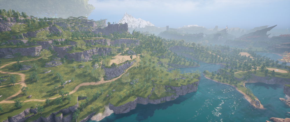 A wide view of Palworld's starting region, showing grassy plains, rivers, winding roads, forests, and gentle hills that introduce players to the world.
