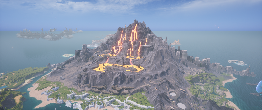 Mount Obsidian in Palworld, an active volcanic region filled with lava flows, black volcanic rock, and rugged terrain surrounding the towering volcano.