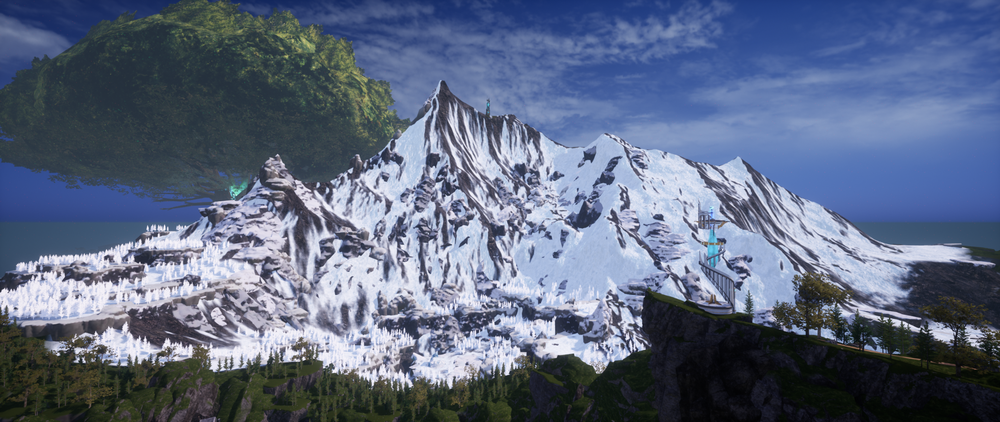 A panoramic view of the Astral Mountains region in Palworld, featuring towering snow-covered peaks, icy valleys, and multiple Fast Travel Watchtowers overlooking the frozen landscape.