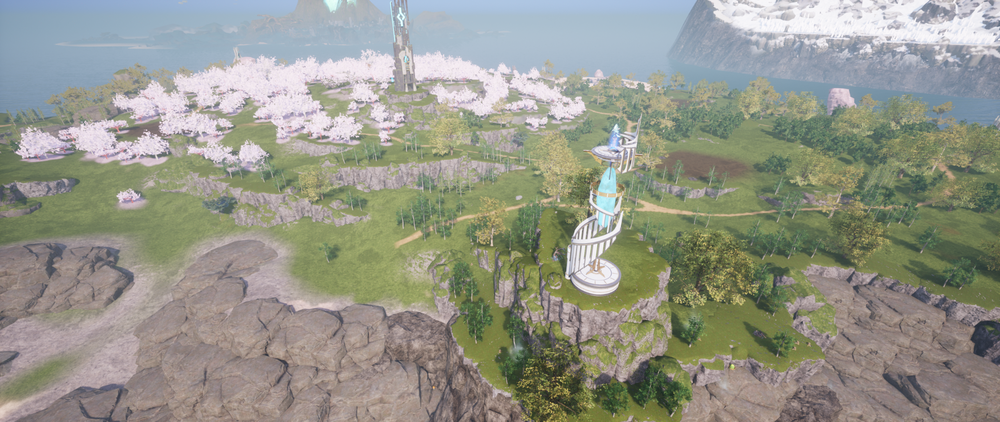 A scenic overview of the Sakurajima region in Palworld, featuring cherry blossom forests, rolling green hills, ancient ruins, and a nearby Fast Travel Watchtower.