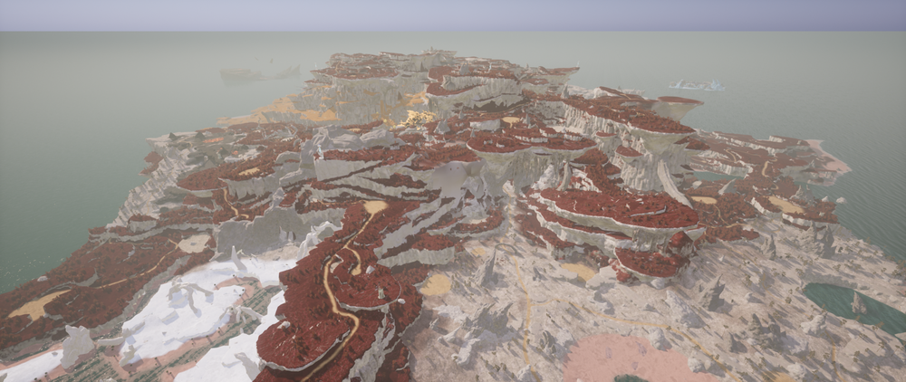 An aerial view of Feybreak Island in Palworld, showcasing its layered cliffs, crimson forests, rocky terrain, and diverse landscapes introduced in the Feybreak update.