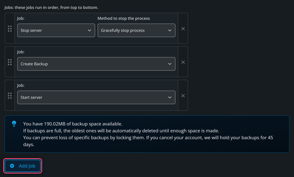 Three jobs in order, Stop server set to Gracefully stop process, Create Backup and Start server, with a backup space notice below and the Add Job button highlighted