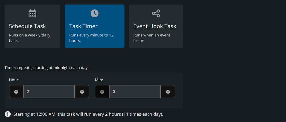 Task Timer trigger set to 2 hours and 0 minutes, with a note that the task repeats every 2 hours starting at 12:00 AM