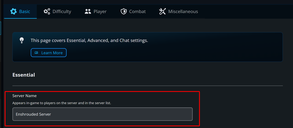 Dark game settings UI showing the Essentials section; a red-outlined card displays Server Name with the example text 'Enshrouded Server'.