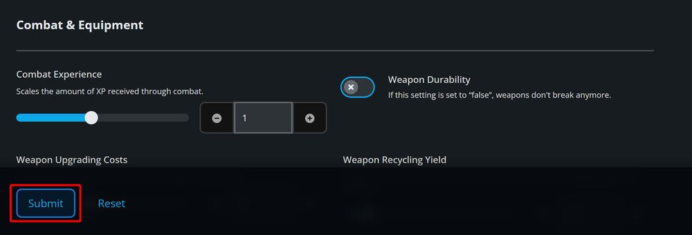 Combat & Equipment: Combat Experience slider at 1 with minus/plus controls; Weapon Durability toggle; Submit button highlighted.