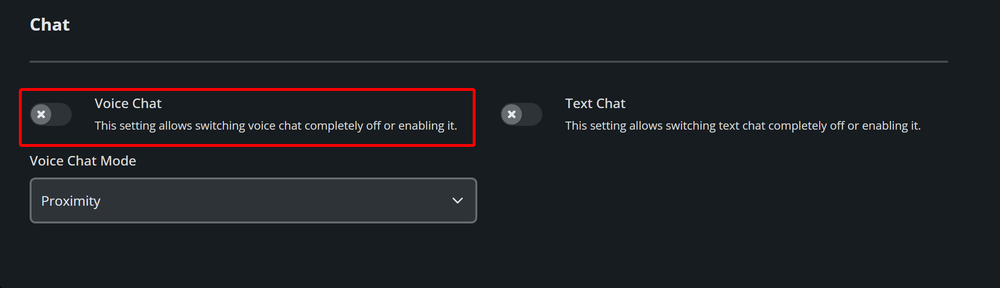 Chat settings screen with Voice Chat and Text Chat options; Voice Chat panel outlined in red, showing mode 'Proximity'.