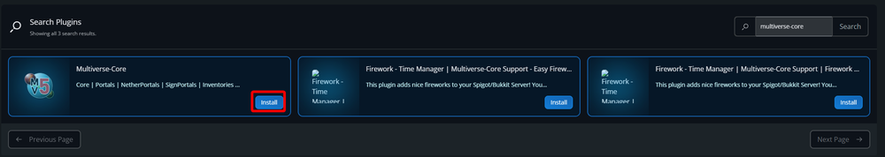 Nodecraft Plugins Manager search results showing the Multiverse-Core plugin with the Install button highlighted alongside additional plugin results.