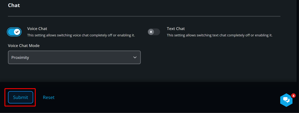 Dark chat settings screen: Voice Chat on, Text Chat off; Voice Chat Mode set to Proximity; outlined blue Submit button with a nearby Reset link.