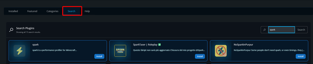 Plugins page with the Search tab selected and “spark” entered into the search field, showing available plugin results.