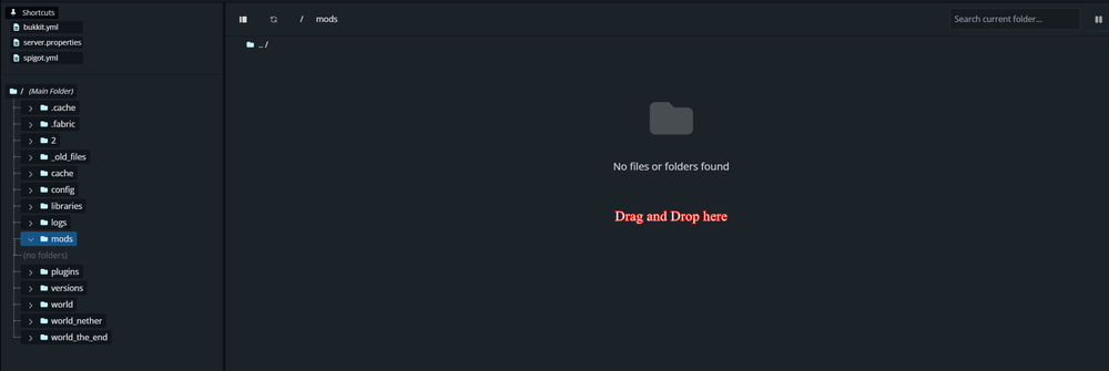 Minecraft server File Manager open to the mods folder, with the drag-and-drop upload area visible for adding the Chunky mod.