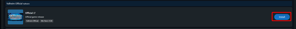 The Valheim Official option displayed in the One-Click Installer catalog, with the Install button highlighted on the right side of the panel.