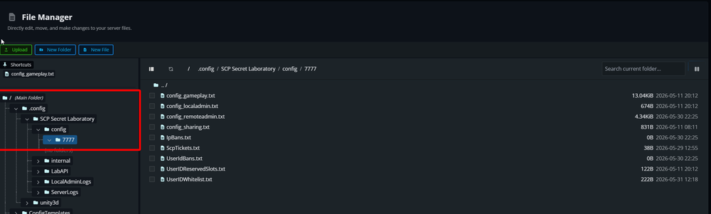 The Nodecraft File Manager displaying the directory path structure for an SCP: Secret Laboratory server, with a red box highlighting the 7777 port folder and the UserIDWhitelist.txt configuration file visible in the right panel.