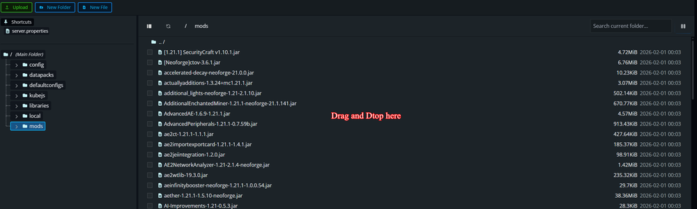 Nodecraft control panel File Manager mods directory showing drag and drop area for uploading an updated Minecraft mod file.