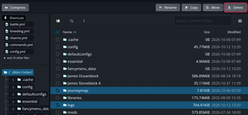 The Nodecraft File Manager with the journeymap and logs folders ticked, and the Delete button in the toolbar outlined in red.