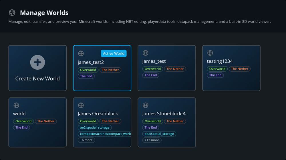 The Manage Worlds page showing a Create New World card and six world cards. The active world is marked Active World, and two modded worlds list extra dimensions such as ae2:spatial_storage.