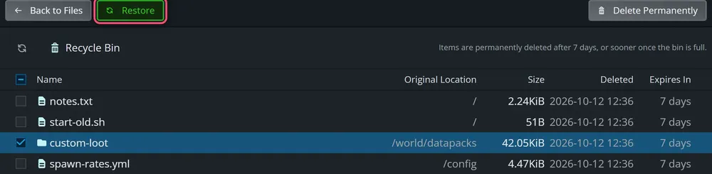 The Recycle Bin listing deleted items with their original location, size, deletion date and time until they expire. The custom-loot folder is ticked and the green Restore button is outlined in red.