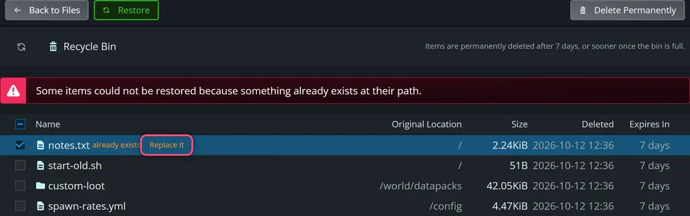 The Recycle Bin showing notes.txt marked 'already exists' with a Replace It button outlined in red, under a message that some items could not be restored.