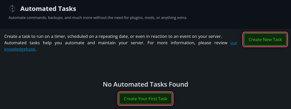 Automated Tasks page with no tasks yet, with the Create New Task and Create Your First Task buttons highlighted