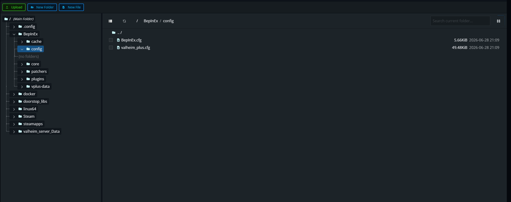 The Nodecraft File Manager showing the BepInEx/config folder open, with configuration files such as BepInEx.cfg and valheim_plus.cfg listed.