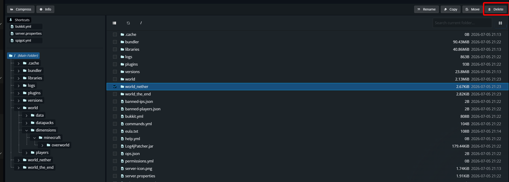 A Spigot server's main directory with the world_nether folder selected and the Delete button highlighted, showing how plugin-based servers may store Nether worlds as separate folders.