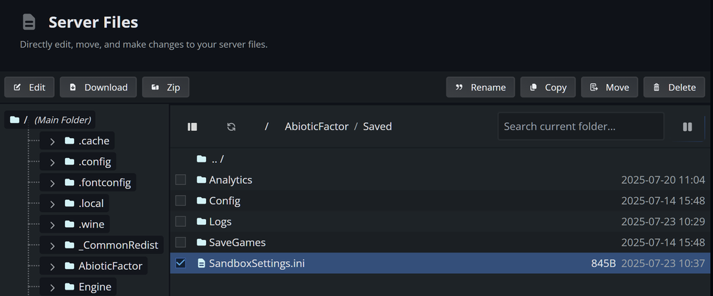 The server files of the panel highlighting the SandboxSettings.ini file.