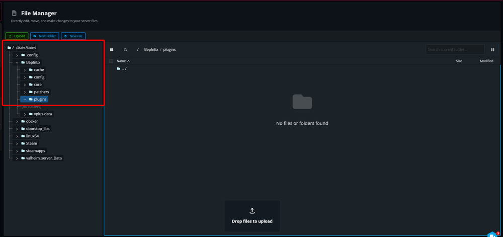 The Nodecraft File Manager showing the BepInEx/plugins folder selected in the left file tree, with the main file area open to the plugins directory.