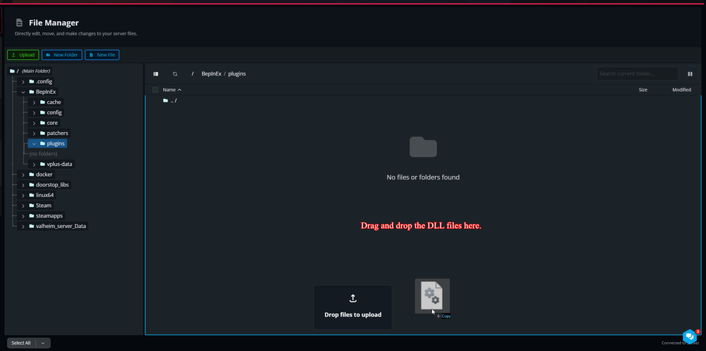 The Nodecraft File Manager open to the BepInEx/plugins folder, showing a plugin DLL file being dragged into the upload area.