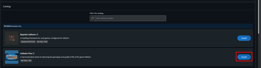 The One-Click Installer catalog showing Valheim Plus with its Install button highlighted.