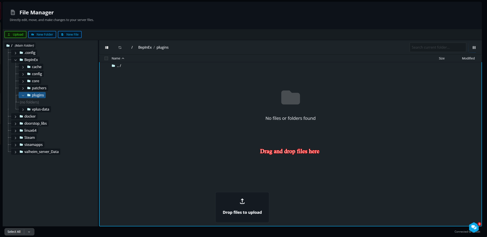 The Nodecraft File Manager open to the BepInEx/plugins folder, showing the drag-and-drop upload area where plugin files can be added to the server.