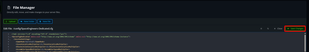 The configuration editor displays the Save Changes button in the upper-right corner, allowing modified server settings to be written to the configuration file.
