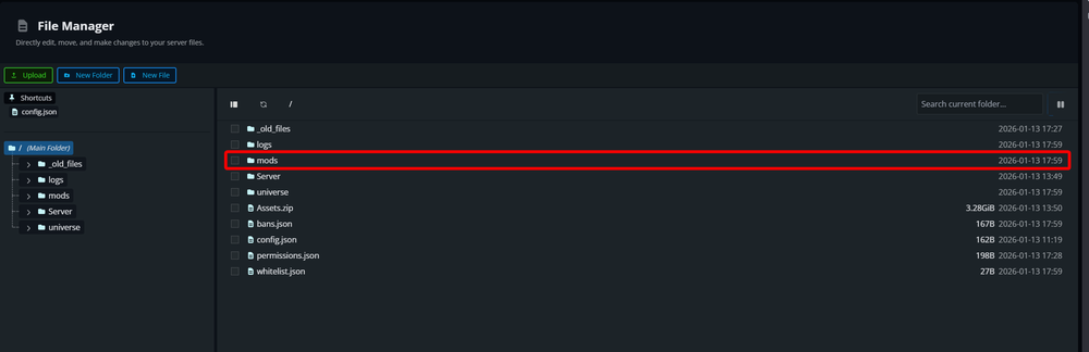 Nodecraft File Manager displaying the mods folder for a Hytale server.