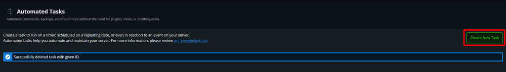 Automated Tasks page used to manage scheduled actions on a Hytale server.