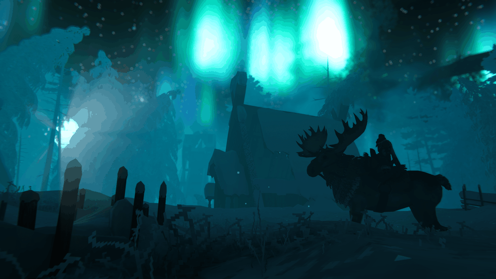 Northern lights over a snowy background with an elk in the foreground