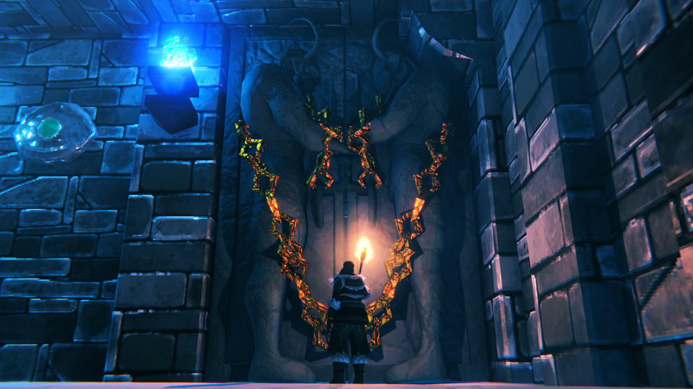 Valheim player in the Deep North in front of a large door with vikings on the door.